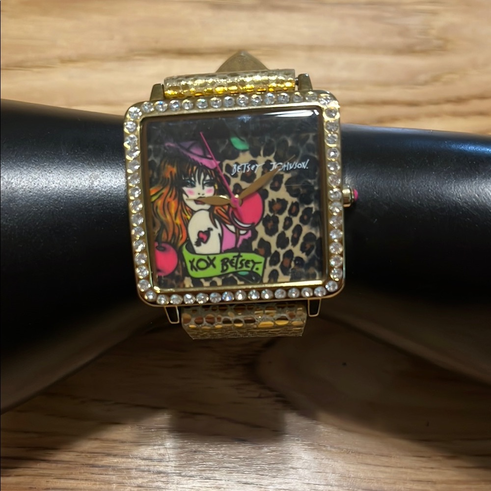 Betsey Johnson square XOX Tattoo Leopard Lady Rhinestone Gold Band Watch Vintage